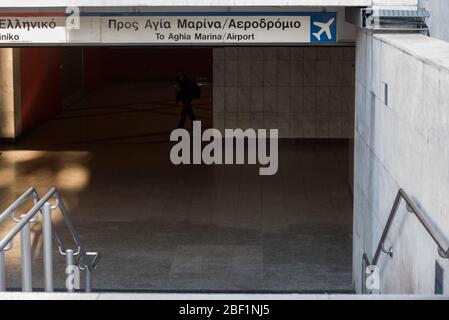 Athens, Greece. 16th Apr, 2020. Athens Metro stasions are almost empty even on rush hours. Greece on lockdown since March 22nd counts to date 2207 confirmed Covid-19 cases and 105 fatalities. Credit: Nikolas Georgiou/Alamy Live News Stock Photo