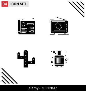 Modern Set of 4 Solid Glyphs and symbols such as designing, desert, tv, television, bags Editable Vector Design Elements Stock Vector