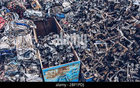 Drone above view on metal junkyard. Destroyed cars Stock Photo