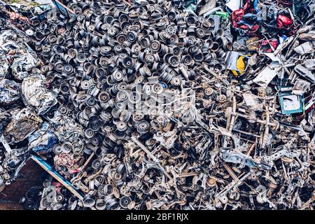 Drone above view on metal junkyard. Destroyed cars Stock Photo