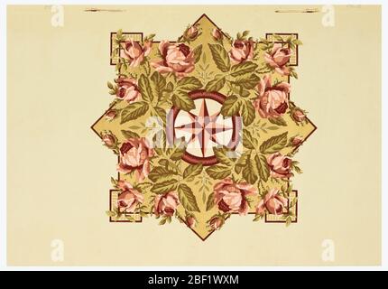 Ceiling medallion. Ceiling medallion: central eight-pointed star surrounded by large red roses and foliage, set within a square framework. Printed on tan ground. Stock Photo