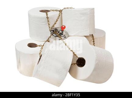 Horizontal shot of multiple rolls of toilet paper well secured with chain and a lock with the key in it.  White background. Stock Photo