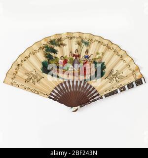 Pleated fan. Pleated folding fan with hand-colored etching and stipple engraved paper leaf with wood sticks and guards inlaid with steel discs, mother-of-pearl, steel discs, and stone ornaments. Stock Photo