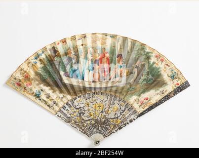 Pleated fan. Painted paper leaf. Obverse: marriage in a garden with putti trying on classical armor. Reverse: plain. Carved and silvered mother-of-pearl sticks with floral and scroll decoration. Stock Photo