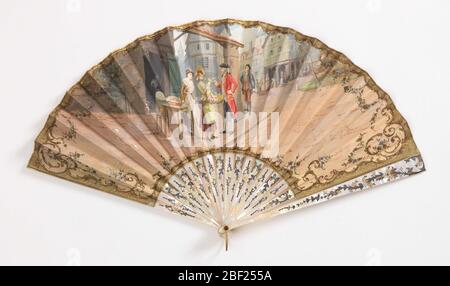 Pleated fan. Parchment leaf lined with silk and painted with gouache showing a street scene with a soldier buying flowers from a vendor. Pierced mother-of-pearl sticks painted with gold and silver showing flowers. Stock Photo