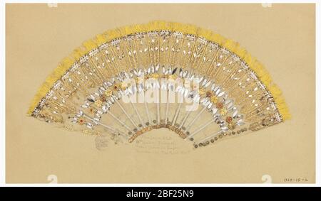 Fan leaf. Unmounted pleated fan leaf, silk net with spangles, pressed metal, paste jewels and metal foil in stylized floral design. Yellow silk fringe along upper edge. Stock Photo