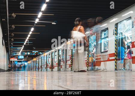 SANTIAGO, CHILE - JANUARY 2020: A Metro de Santiago train at Line 1 Stock Photo
