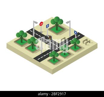 road intersection isometric icon illustrated in vector on white background Stock Vector