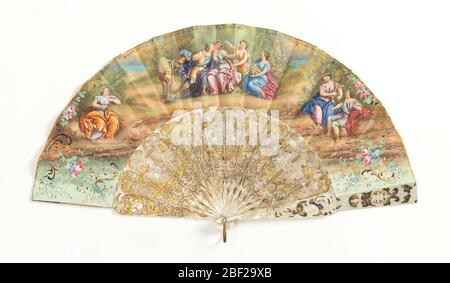 Pleated fan. Pleated fan. Leaf of paper with hand-colored lithograph. Obverse: three classical figure groups in landscape. Reverse: smaller scale single landscape with distant buildings and figures. Stock Photo