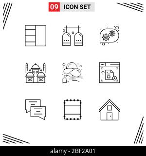 Mobile Interface Outline Set of 9 Pictograms of lady hat, buy, technical help, pray, islam Editable Vector Design Elements Stock Vector