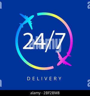 Hours Express delivery is open 24 hours a day and 7 days a week on a blue background Stock Vector