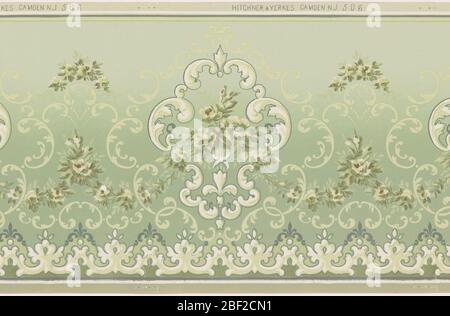 Frieze. Large white acanthus scroll medallions connected by alternating high and low floral swag. Acanthus arbor throughout design. Repeating organic pattern along base. Printed in shades of green and white. Stock Photo