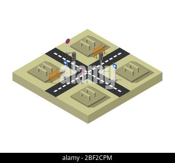 road intersection isometric icon illustrated in vector on white background Stock Vector