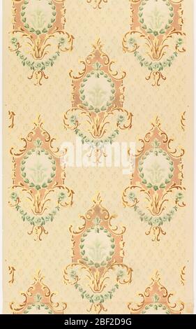 Sidewall. Repeating design of medallions in diagonal stripe format, with framework of acanthus scrolls, center wreath containing floral motif like fleur de lis, floral swag at bottom of medallion. Stock Photo