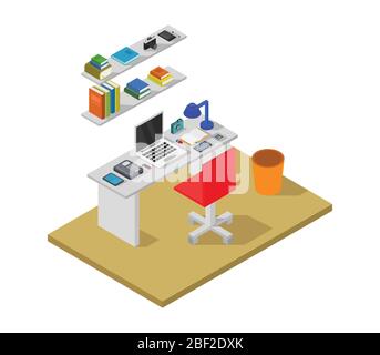 Isometric office desk icon illustrated in vector on a white background Stock Vector