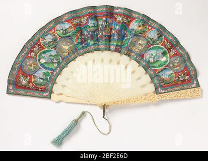 Pleated fan. Pleated fan. Silk leaf painted in tempera. Obverse: three figure groups, medallions showing landscapes and bunches of flowers. Stock Photo