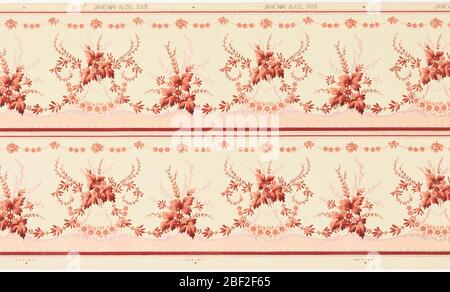 Frieze. Printed two across. Pink floral bouquets, alternating low and high. Metallic pink foliate scrolls below. Printed on off-white/yellow ground. Stock Photo