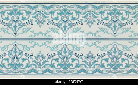 Frieze. Borders pritned two across the width. Alternating taller and shorter foliate medallions, connected by foliate scolls along top. Printed in shades of blue on blue ground. Stock Photo