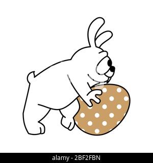 Cartoon white rabbit with a golden chicken egg. Contour design of an easter bunny. Symbol for web sites on a white background Stock Vector