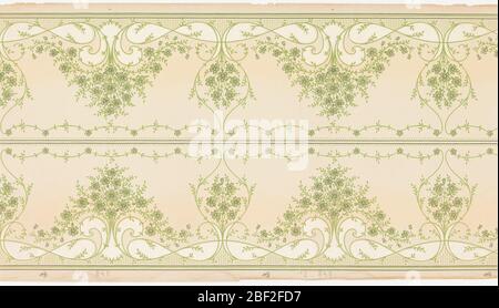 Border. Printed two borders across the width, frieze features horizontally repeating, delicately rendered floral sprays with symmetrical foliate scrollwork. Stock Photo