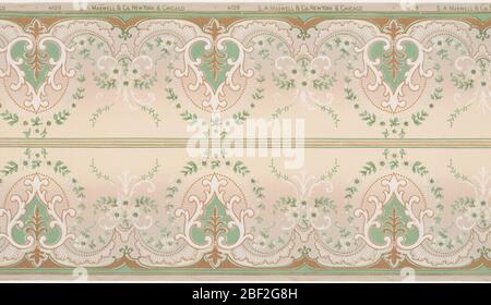 Frieze. Arabesques containing vines; each connected by lace-like trimming and tri-floral motifs with C-scrolls. Printed in white, turquoise, burgundy, and green on light blue gradient ground. Two borders printed across the width. Stock Photo