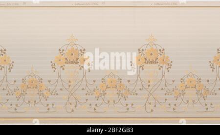 Frieze. A repeating design of alternating large and small hanging floral baskets consisting of simple intertwined vines. Upon a striated gray background that becomes increasingly light towards the base. Printed in white, cream, gray, burnt umber and bronze. Stock Photo