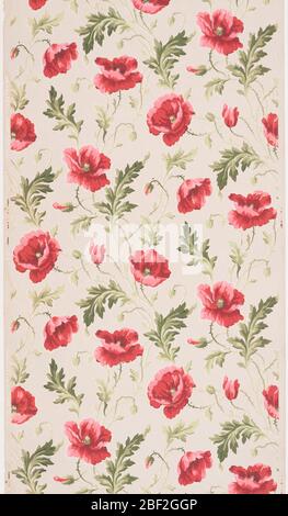 Sidewall. Bright pink poppy flowers and green foliage appear randomly scattered, printed on tan ground. Stock Photo