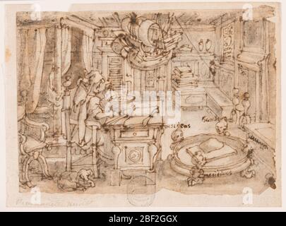 Invention of the Compass preliminary design for Lapis Polaris Magnes plate 2 in the Nova Reperta New Inventions of Modern Times print series. Recto: A scholar in his richly furnished study, seated at his desk using a compass. Stock Photo