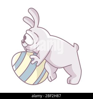 Cartoon white rabbit with colorful chicken egg. design of an easter bunny. Symbol for web sites on a white background Stock Vector