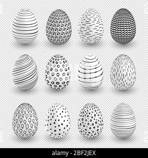 White Easter eggs wtth doodle black simple patterns on surface. Vector set on transparent background.for holiday Easter card. Vector illustration Stock Vector