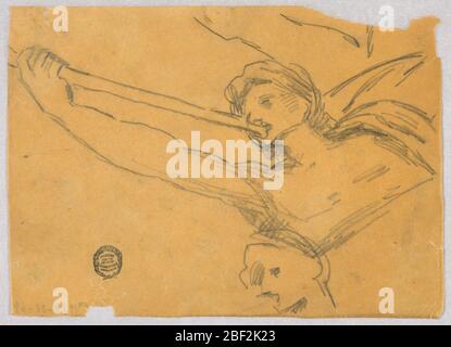 Sketch for an Angel. Winged figure blowing a trumpet, which he supports with his extended right arm. The upper part of the body is shown. Rough sketch for a head at the bottom. Stock Photo