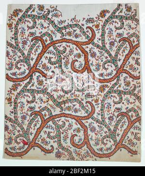 Kashmir Design. Allover design of vines in green and brown filled with small flowers on a white ground consisting of floral pattern in red, blue, green, and yellow. Stock Photo