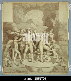 Mars and Venus Preparing Themselves for the Nuptials of Cupid and Psyche. Drawing after a fresco devised by Giulio Romano in the Palazzo del Te in Mantua. The entire picture is not shown. The gods and those busy about them are shown. Stock Photo