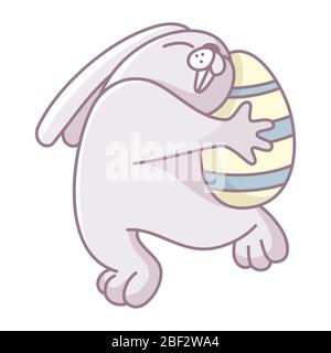 Cartoon white rabbit dancing with chicken egg. design of an easter bunny. Symbol for web sites on a white background Stock Vector