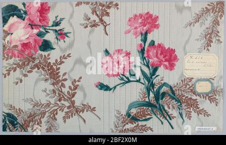 Textile. A) Background with grey moire effect, dotted stripes in clusters and fine pinstripe in grey. Floral pattern of natural size rose clusters and foliage in green, light grey-green and brown, glazed. Stock Photo