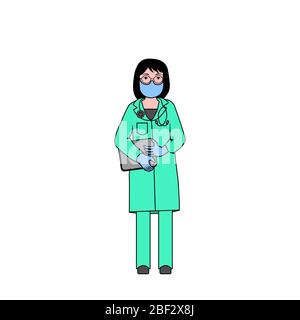Woman doctor with mask and gloves. Colorful outline on white background. Flat style vector illustration can be used in greeting cards, posters, flyers, banners, promotions, invitations etc. EPS10 Stock Vector
