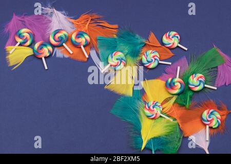 Lollipops on the feathers. spiral candies on a blue background. festive decoration Stock Photo
