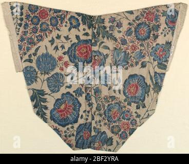 Bodice panel. Roughly v-shaped front panel of bodice of fine white cotton cloth with painted and dyed design of variously decorated flower heads, pointed clusters of flowerets, and various leaf forms, on freely twining stems; in blue, red, green, yellow, with much reserved Stock Photo