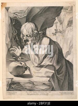 Saint John in the Wilderness Saint Hilarion. Half-length figure, turned half-left, leaning on his elbows and comtemplating a cross resting on a skull. Below, two-line Latin inscription, and artist's name and date. Stock Photo