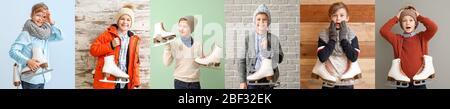 Collage of photos with cute little boy holding ice skates Stock Photo