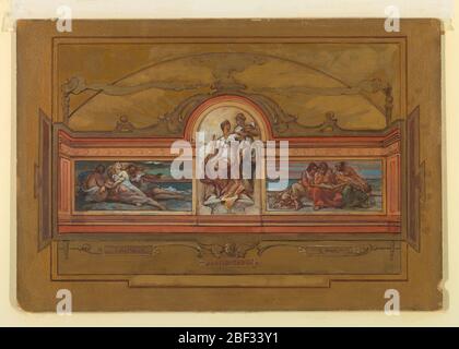 Competitive Design for a Mural in the United States Court House New York. Elevation for a wall with three painted panels, labeled on tablets below: "CRIME," "JUSTICE-TRUTH," and "LAW." A cherub is shown above the central tablet. Above, the central panel is higher than the lateral ones and half-circular on top. Stock Photo