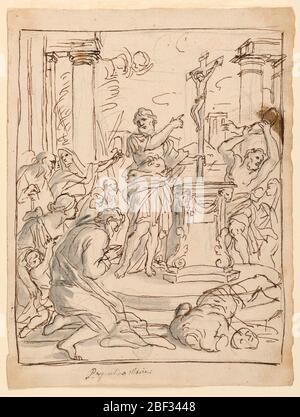 Sketches for paintings Obverse A Roman officer holds a crucifix upon a heathen altar Reverse Christ rising. Obverse: A bearded Roman soldier points at the crucifix he holds with his left hand on an altar. People in adoration are shown at left. A man smashes an idol at right. Framing lines. Stock Photo