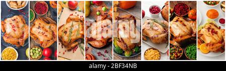 Collage of photos with tasty baked turkeys and different food for Thanksgiving day Stock Photo