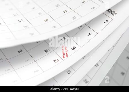 Paper calendar with text DON'T MISS THE DEADLINE, closeup Stock Photo