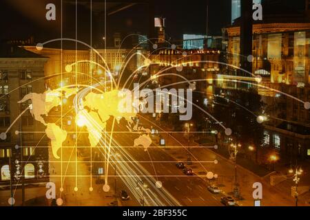 View of modern city with location pointers at night Stock Photo