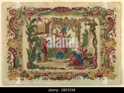 The Curiosity of the Chinese. A woman holds a small child up to look into a peepshow operated by a man in plumed hat. A seated woman plays a lute, at right. Two other children at left, before a trellis arcade. Wide ornamental border composed of scroll motifs, flowers and a canopy at top. Stock Photo