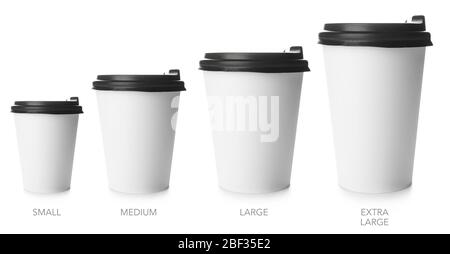 Different sized takeaway coffee cups on white background Stock Photo