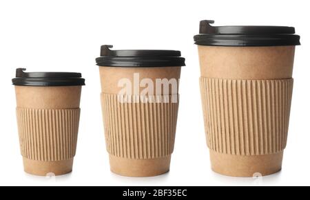 Different sized takeaway coffee cups on white background Stock Photo