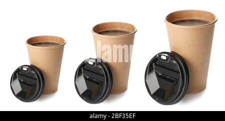 Different sized takeaway coffee cups on white background Stock Photo