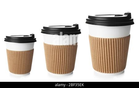 Different sized takeaway coffee cups on white background Stock Photo